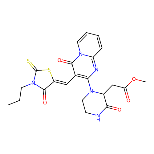 (Z)-methyl 2-(3-oxo-1-(4-oxo-3-((4-oxo-3-propyl-2-thioxothiazolidin-5-ylidene)methyl)-4H-pyrido[1,2-a]pyrimidin-2-yl)piperazin-2-yl)acetate structure