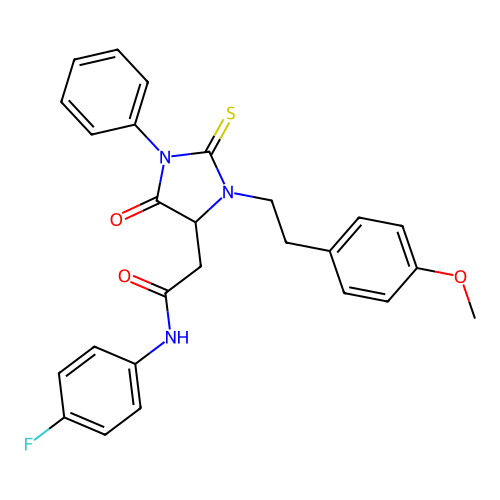 N-(4-fluorophenyl)-2-(3-(4-methoxyphenethyl)-5-oxo-1-phenyl-2-thioxoimidazolidin-4-yl)acetamide structure