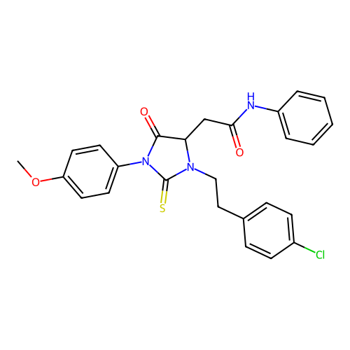 2-{3-[2-(4-chlorophenyl)ethyl]-1-(4-methoxyphenyl)-5-oxo-2-thioxoimidazolidin-4-yl}-N-phenylacetamide structure