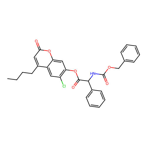(4-butyl-6-chloro-2-oxo-chromen-7-yl) 2-phenyl-2-phenylmethoxycarbonylamino-acetate structure