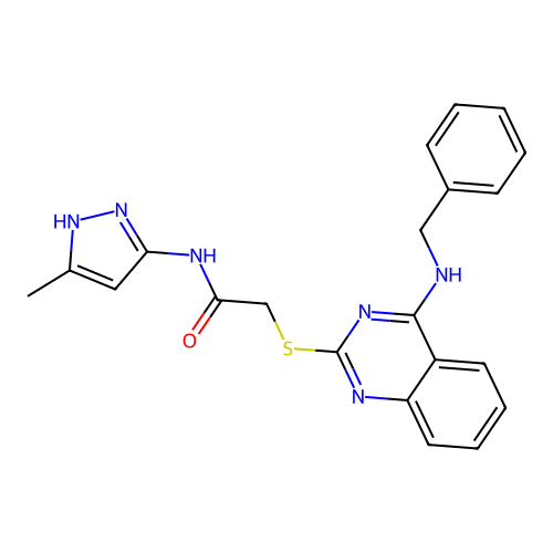 2-((4-(benzylamino)quinazolin-2-yl)thio)-N-(3-methyl-1H-pyrazol-5-yl)acetamide structure