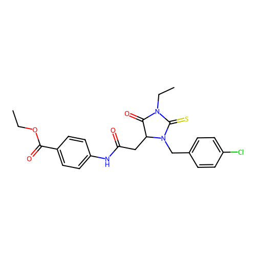 ethyl 4-({[3-(4-chlorobenzyl)-1-ethyl-5-oxo-2-thioxoimidazolidin-4-yl]acetyl}amino)benzoate structure