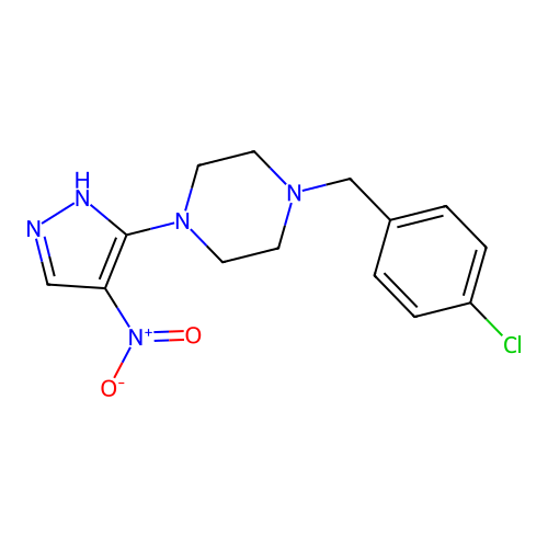 1-(4-chlorobenzyl)-4-(4-nitro-1H-pyrazol-5-yl)piperazine structure