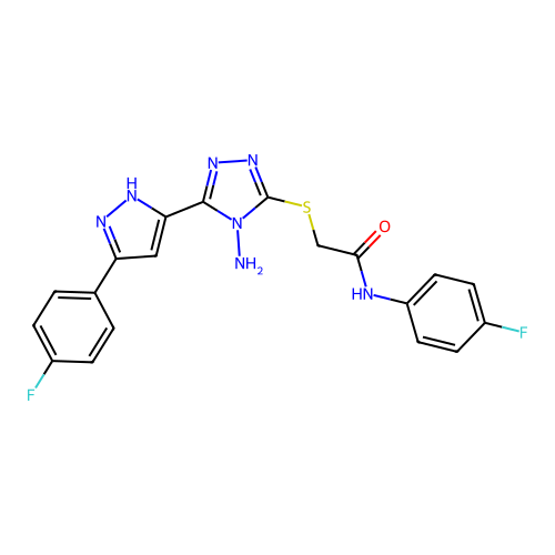 2-((4-amino-5-(3-(4-fluorophenyl)-1H-pyrazol-5-yl)-4H-1,2,4-triazol-3-yl)thio)-N-(4-fluorophenyl)acetamide structure