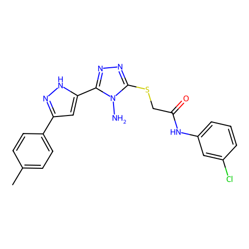 2-((4-amino-5-(3-(p-tolyl)-1H-pyrazol-5-yl)-4H-1,2,4-triazol-3-yl)thio)-N-(3-chlorophenyl)acetamide structure