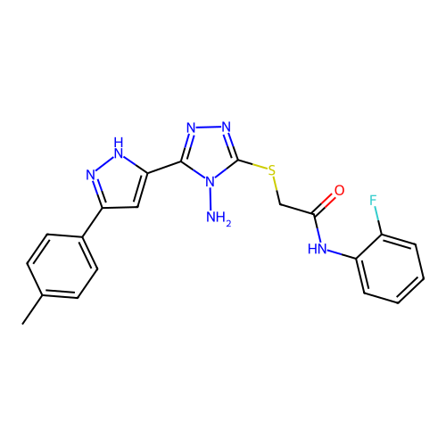 2-((4-amino-5-(3-(p-tolyl)-1H-pyrazol-5-yl)-4H-1,2,4-triazol-3-yl)thio)-N-(2-fluorophenyl)acetamide structure