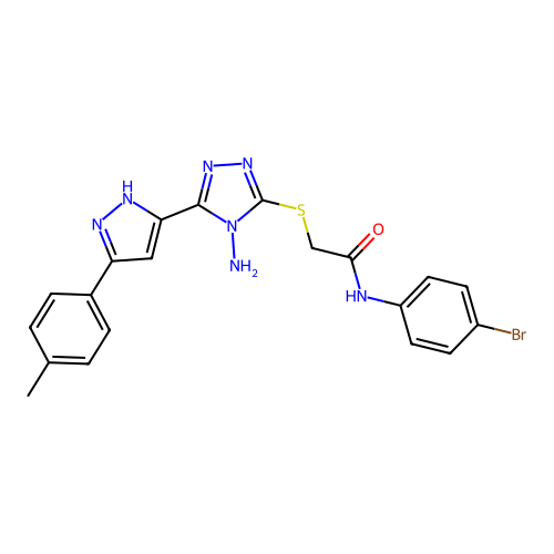 2-((4-amino-5-(3-(p-tolyl)-1H-pyrazol-5-yl)-4H-1,2,4-triazol-3-yl)thio)-N-(4-bromophenyl)acetamide structure
