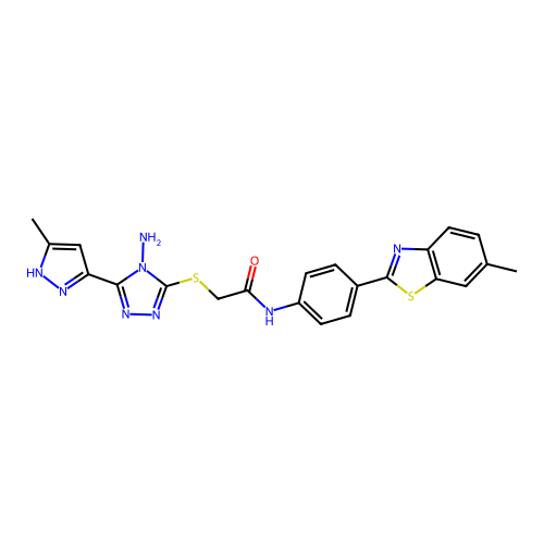2-((4-amino-5-(3-methyl-1H-pyrazol-5-yl)-4H-1,2,4-triazol-3-yl)thio)-N-(4-(6-methylbenzo[d]thiazol-2-yl)phenyl)acetamide structure
