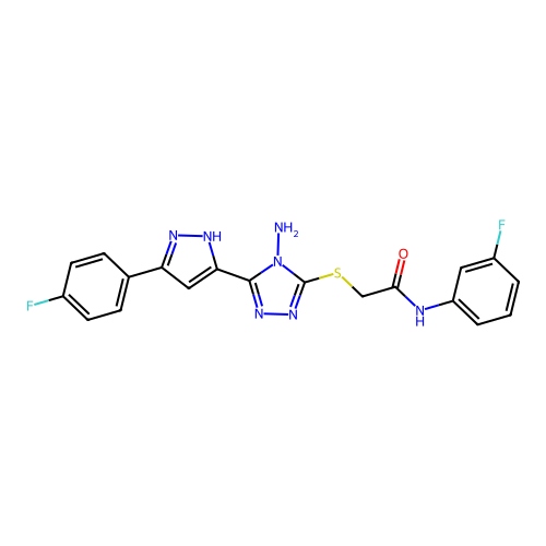 2-((4-amino-5-(3-(4-fluorophenyl)-1H-pyrazol-5-yl)-4H-1,2,4-triazol-3-yl)thio)-N-(3-fluorophenyl)acetamide structure