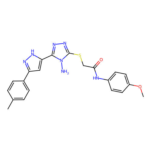 2-((4-amino-5-(3-(p-tolyl)-1H-pyrazol-5-yl)-4H-1,2,4-triazol-3-yl)thio)-N-(4-methoxyphenyl)acetamide structure