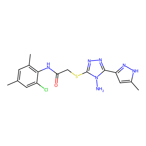 2-((4-amino-5-(3-methyl-1H-pyrazol-5-yl)-4H-1,2,4-triazol-3-yl)thio)-N-(2-chloro-4,6-dimethylphenyl)acetamide structure