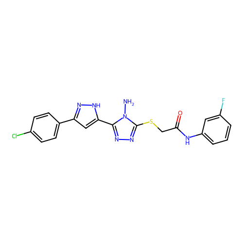 2-((4-amino-5-(3-(4-chlorophenyl)-1H-pyrazol-5-yl)-4H-1,2,4-triazol-3-yl)thio)-N-(3-fluorophenyl)acetamide structure
