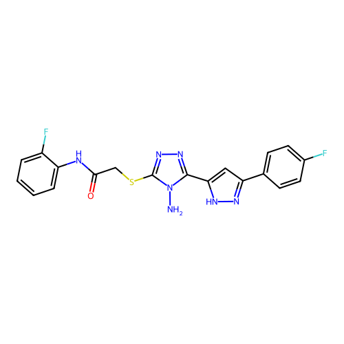 2-((4-amino-5-(3-(4-fluorophenyl)-1H-pyrazol-5-yl)-4H-1,2,4-triazol-3-yl)thio)-N-(2-fluorophenyl)acetamide structure