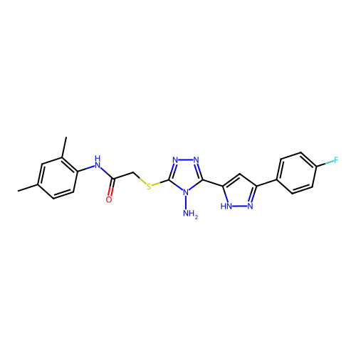 2-((4-amino-5-(3-(4-fluorophenyl)-1H-pyrazol-5-yl)-4H-1,2,4-triazol-3-yl)thio)-N-(2,4-dimethylphenyl)acetamide structure