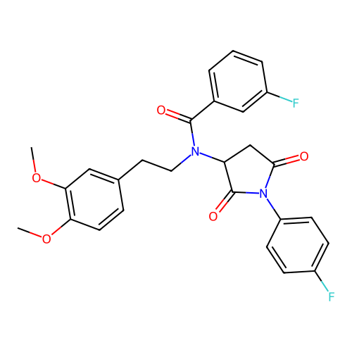 N-[2-(3,4-dimethoxyphenyl)ethyl]-3-fluoro-N-[1-(4-fluorophenyl)-2,5-dioxopyrrolidin-3-yl]benzamide structure
