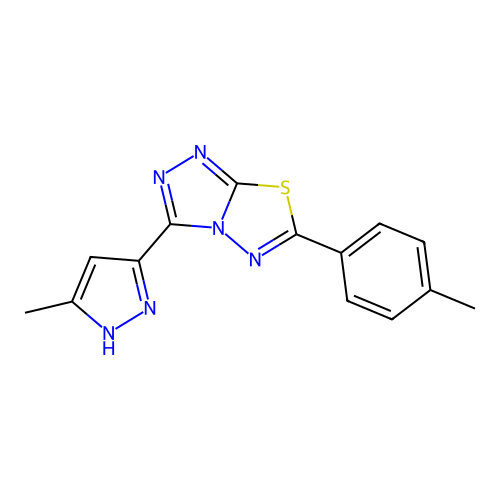 3-(3-methyl-1H-pyrazol-5-yl)-6-(p-tolyl)-[1,2,4]triazolo[3,4-b][1,3,4]thiadiazole structure