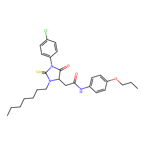 2-[1-(4-chlorophenyl)-3-heptyl-5-oxo-2-thioxoimidazolidin-4-yl]-N-(4-propoxyphenyl)acetamide structure