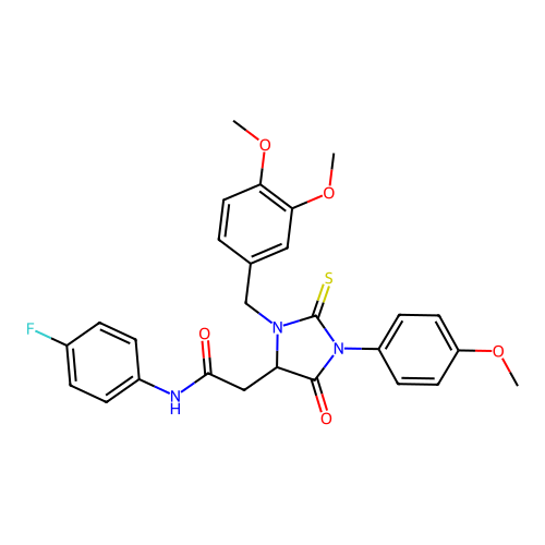 2-[3-(3,4-dimethoxybenzyl)-1-(4-methoxyphenyl)-5-oxo-2-thioxoimidazolidin-4-yl]-N-(4-fluorophenyl)acetamide structure