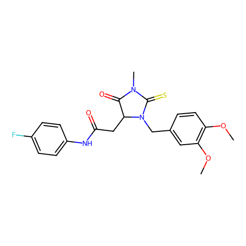 2-(3-(3,4-dimethoxybenzyl)-1-methyl-5-oxo-2-thioxoimidazolidin-4-yl)-N-(4-fluorophenyl)acetamide structure