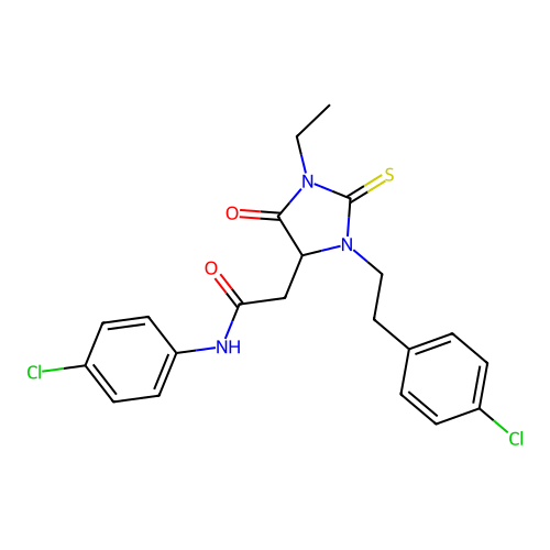 N-(4-chlorophenyl)-2-{3-[2-(4-chlorophenyl)ethyl]-1-ethyl-5-oxo-2-thioxoimidazolidin-4-yl}acetamide structure
