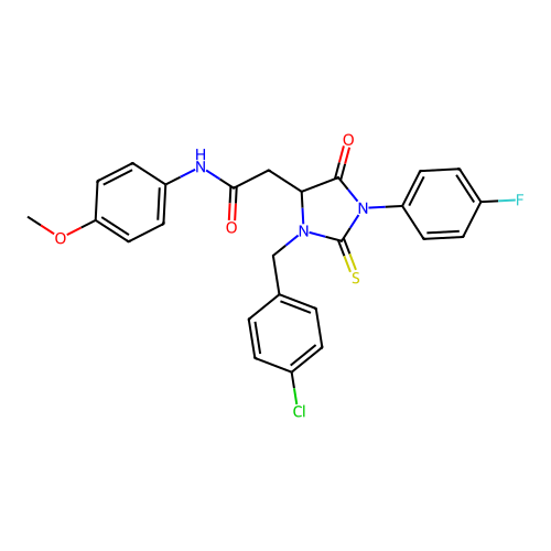 2-[3-(4-chlorobenzyl)-1-(4-fluorophenyl)-5-oxo-2-thioxoimidazolidin-4-yl]-N-(4-methoxyphenyl)acetamide structure