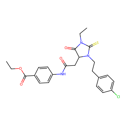 ethyl 4-[({3-[2-(4-chlorophenyl)ethyl]-1-ethyl-5-oxo-2-thioxoimidazolidin-4-yl}acetyl)amino]benzoate structure