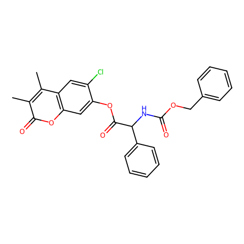 (6-chloro-3,4-dimethyl-2-oxo-chromen-7-yl) 2-phenyl-2-phenylmethoxycarbonylamino-acetate structure
