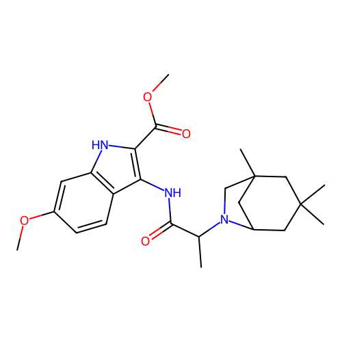 methyl 6-methoxy-3-(2-(1,3,3-trimethyl-6-azabicyclo[3.2.1]octan-6-yl)propanamido)-1H-indole-2-carboxylate structure