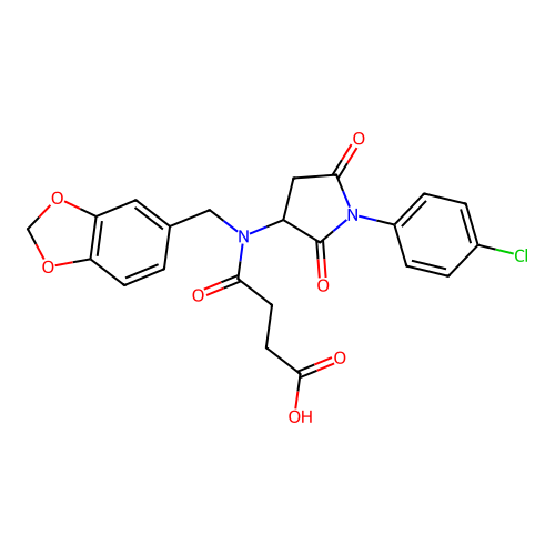 4-((benzo[d][1,3]dioxol-5-ylmethyl)(1-(4-chlorophenyl)-2,5-dioxopyrrolidin-3-yl)amino)-4-oxobutanoic acid structure