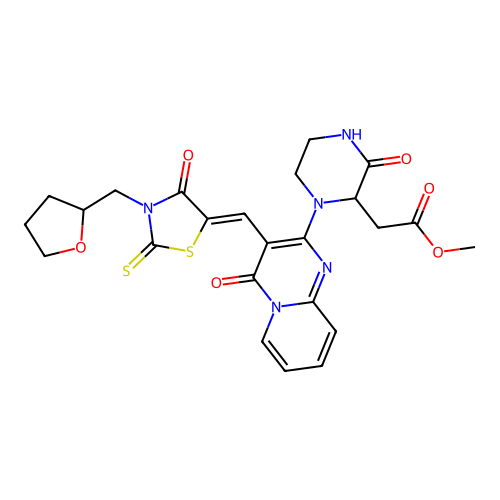(Z)-methyl 2-(3-oxo-1-(4-oxo-3-((4-oxo-3-((tetrahydrofuran-2-yl)methyl)-2-thioxothiazolidin-5-ylidene)methyl)-4H-pyrido[1,2-a]pyrimidin-2-yl)piperazin-2-yl)acetate structure