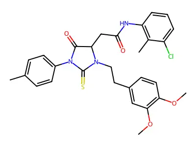 N-(3-chloro-2-methylphenyl)-2-[3-[2-(3,4-dimethoxyphenyl)ethyl]-1-(4-methylphenyl)-5-oxo-2-sulfanylideneimidazolidin-4-yl]acetamide structure