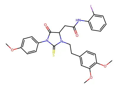 2-[3-[2-(3,4-dimethoxyphenyl)ethyl]-1-(4-methoxyphenyl)-5-oxo-2-sulfanylideneimidazolidin-4-yl]-N-(2-iodophenyl)acetamide structure