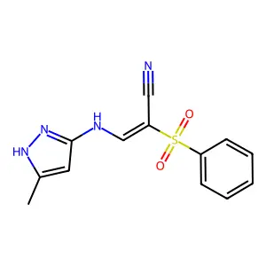 (E)-2-(benzenesulfonyl)-3-[(5-methyl-1H-pyrazol-3-yl)amino]prop-2-enenitrile structure