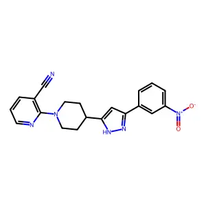 2-[4-[3-(3-nitrophenyl)-1H-pyrazol-5-yl]piperidin-1-yl]pyridine-3-carbonitrile structure