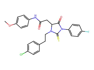 2-[3-[2-(4-chlorophenyl)ethyl]-1-(4-fluorophenyl)-5-oxo-2-thioxoimidazolidin-4-yl]-N-(4-methoxyphenyl)acetamide structure