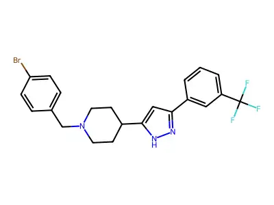 1-[(4-bromophenyl)methyl]-4-{5-[3-(trifluoromethyl)phenyl]-1H-pyrazol-3-yl}piperidine structure