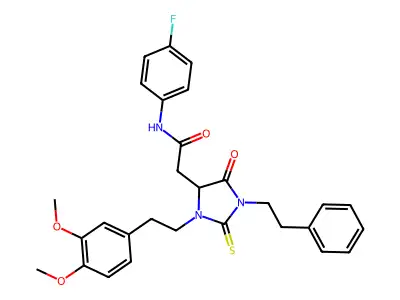 2-[3-[2-(3,4-dimethoxyphenyl)ethyl]-5-oxo-1-(2-phenylethyl)-2-thioxoimidazolidin-4-yl]-N-(4-fluorophenyl)acetamide structure