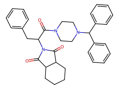 2-{1-[4-(diphenylmethyl)piperazin-1-yl]-1-oxo-3-phenylpropan-2-yl}hexahydro-1H-isoindole-1,3(2H)-dione structure