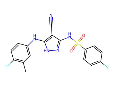 N-[4-cyano-3-(4-fluoro-3-methylanilino)-1H-pyrazol-5-yl]-4-fluorobenzenesulfonamide structure
