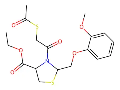 Ethyl 2-((2-methoxyphenoxy)methyl)-3-(2-(acetylthio)acetyl)-1,3-thiazolidine-4-carboxylate structure