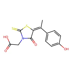 (Z)-2-(5-(1-(4-hydroxyphenyl)ethylidene)-4-oxo-2-thioxothiazolidin-3-yl)acetic acid structure