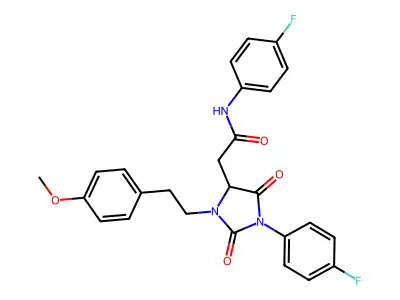 N-(4-fluorophenyl)-2-[1-(4-fluorophenyl)-3-[2-(4-methoxyphenyl)ethyl]-2,5-dioxoimidazolidin-4-yl]acetamide structure