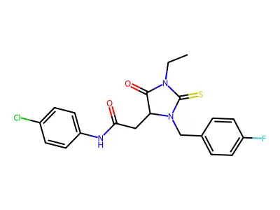 N-(4-chlorophenyl)-2-[1-ethyl-3-(4-fluorobenzyl)-5-oxo-2-thioxoimidazolidin-4-yl]acetamide structure