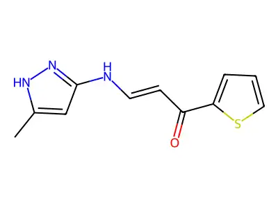 3-[(5-methyl-1H-pyrazol-3-yl)amino]-1-thiophen-2-ylprop-2-en-1-one structure
