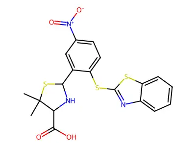 2-(2-BENZOTHIAZOL-2-YLTHIO-5-NITROPHENYL)-5,5-DIMETHYL-1,3-THIAZOLIDINE-4-CARBOXYLIC ACID structure