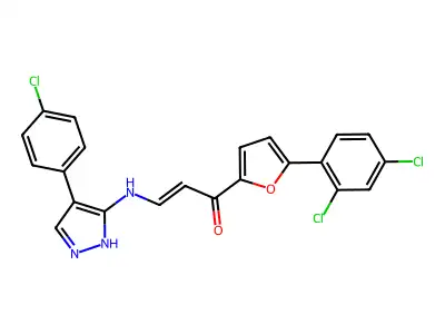 (E)-3-{[4-(4-chlorophenyl)-1H-pyrazol-5-yl]amino}-1-[5-(2,4-dichlorophenyl)-2-furyl]-2-propen-1-one structure