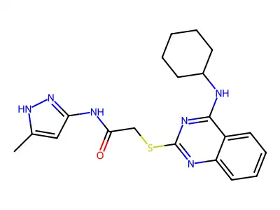 2-[4-(cyclohexylamino)quinazolin-2-yl]sulfanyl-N-(5-methyl-1H-pyrazol-3-yl)acetamide structure
