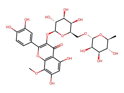 4H-1-Benzopyran-4-one, 3-((6-O-(6-deoxy-alpha-L-mannopyranosyl)-beta-D-galactopyranosyl)oxy)-2-(3,4-dihydroxyphenyl)-5,7-dihydroxy-8-methoxy- structure