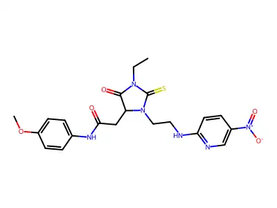 2-(1-ethyl-3-{2-[(5-nitropyridin-2-yl)amino]ethyl}-5-oxo-2-thioxoimidazolidin-4-yl)-N-(4-methoxyphenyl)acetamide structure