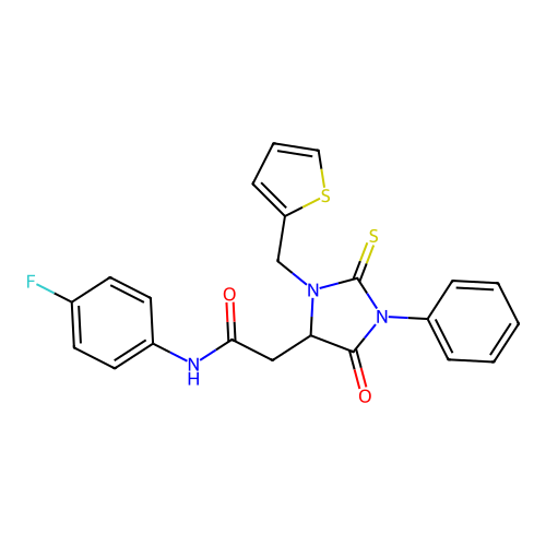 N-(4-fluorophenyl)-2-[5-oxo-1-phenyl-3-(thiophen-2-ylmethyl)-2-thioxoimidazolidin-4-yl]acetamide structure